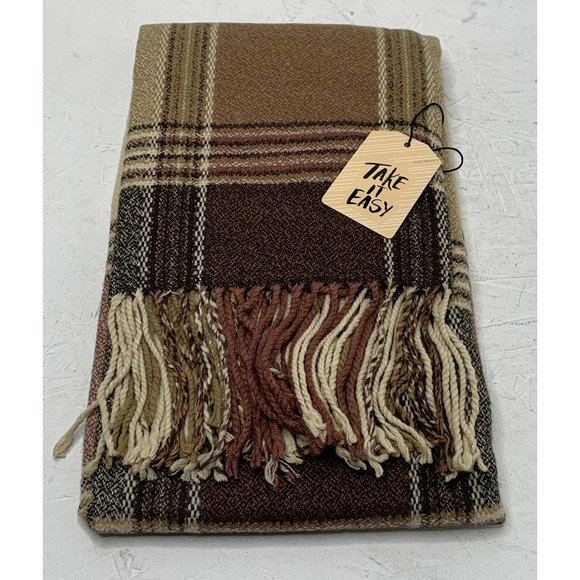 NWT EUTY Brown Red Plaid Tassel Scarf 78”x23” - Picture 1 of 5
